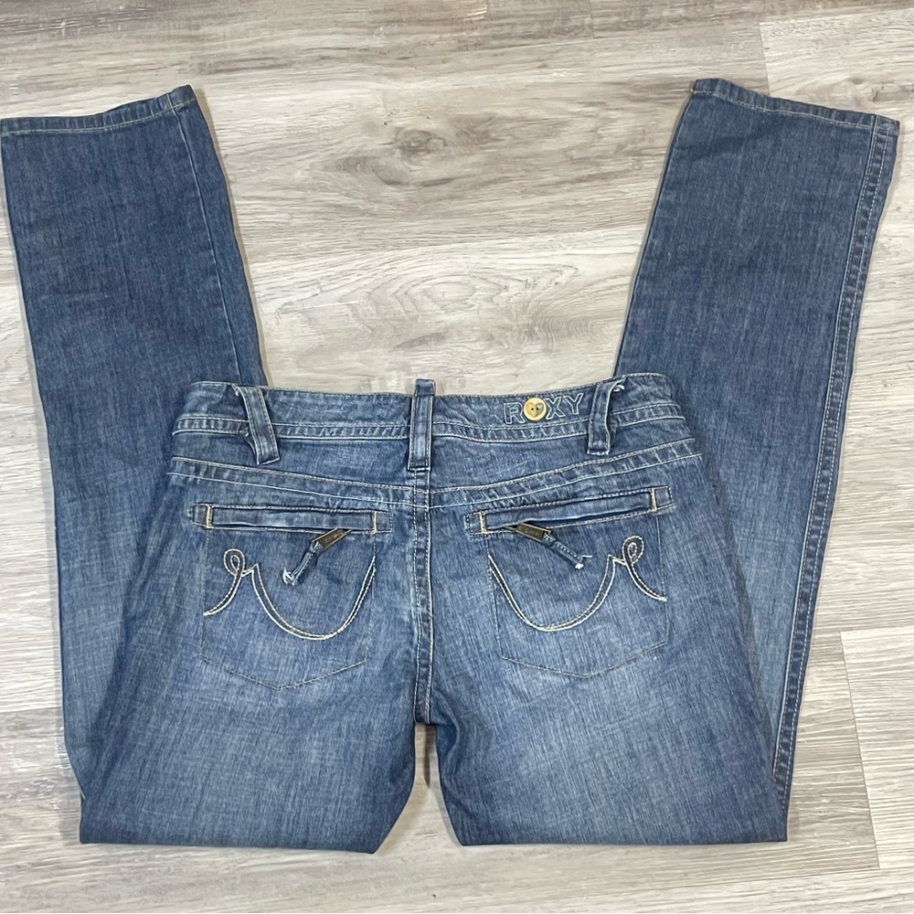 Y2K dark wash Roxy premium Women's Straight Leg Blue Jeans embellished zippers